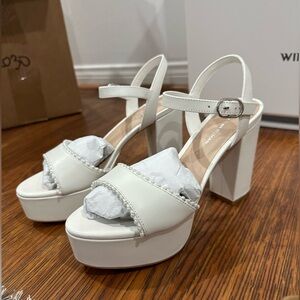 Stuart Weitzman White Pearl-Trim Platform Sandals